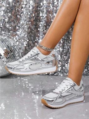 Metallic Silver Platform Sneakers - Women's Fashion Trendy